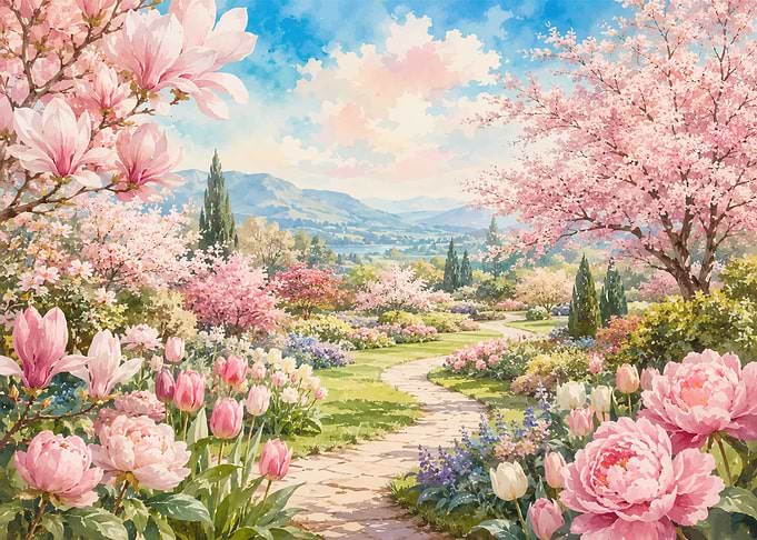 Spring Garden Path with Blooming Flowers