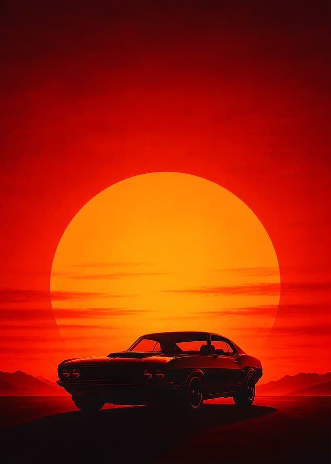 Red Sun Muscle Car Silhouette