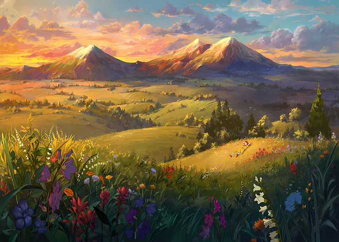 Sunset Over Mountain Meadow Landscape