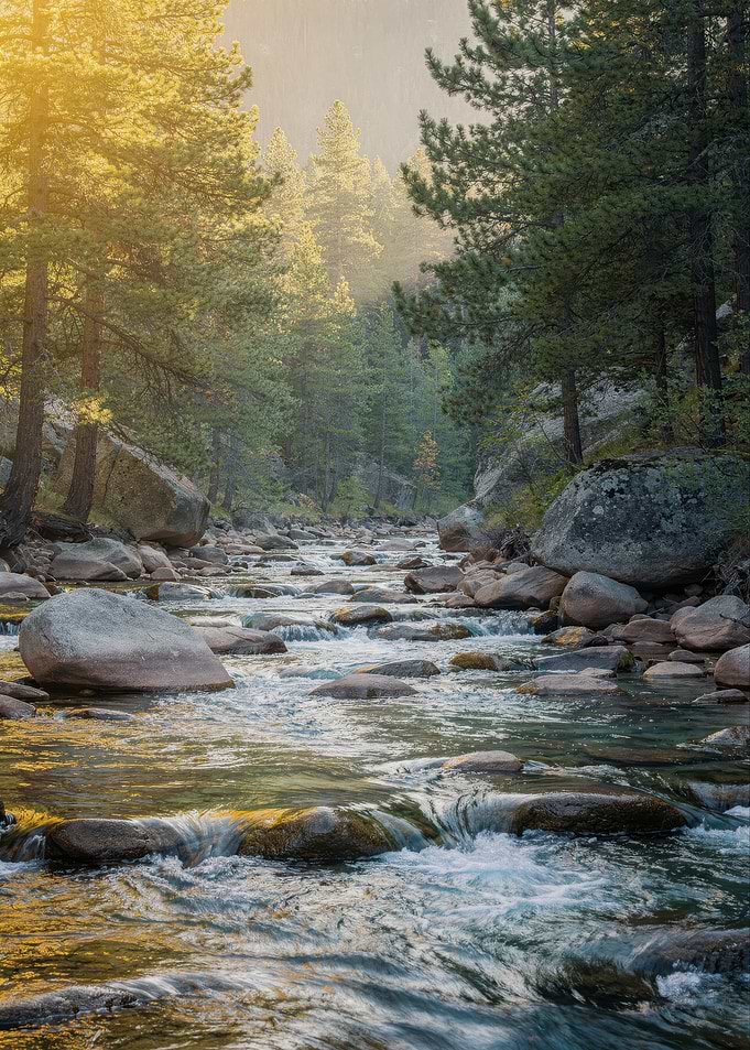 Sunlit Mountain Stream in Forest