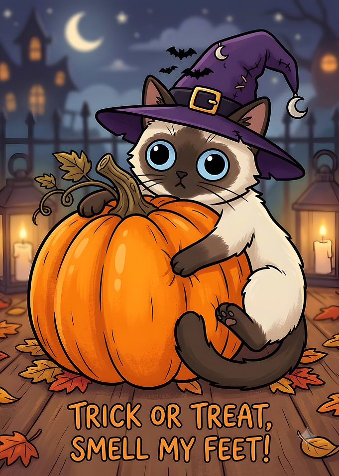 Cute Siamese Cat Halloween Illustration