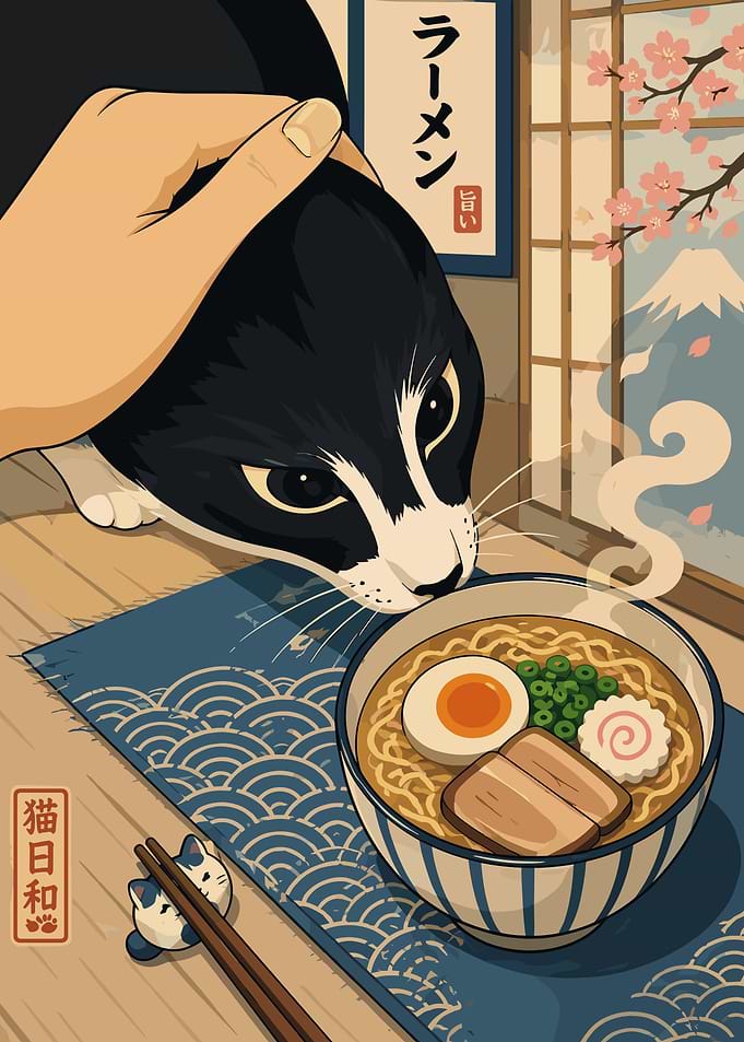 Cat Petting While Eating Ramen