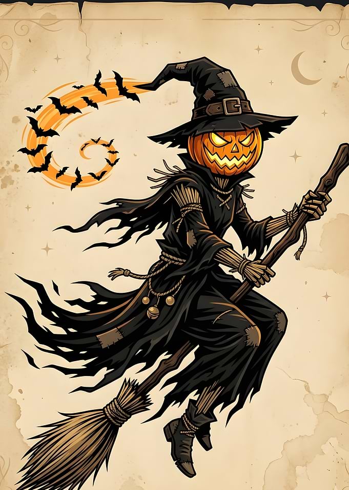Pumpkin Head Scarecrow Witch Flying