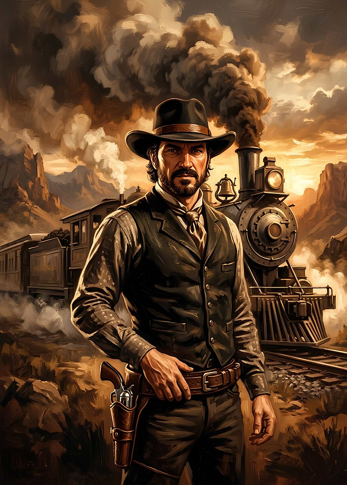 Cowboy Standing Before Steam Train