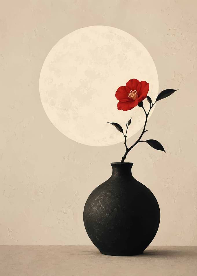 Minimalist Red Camellia in Black Vase