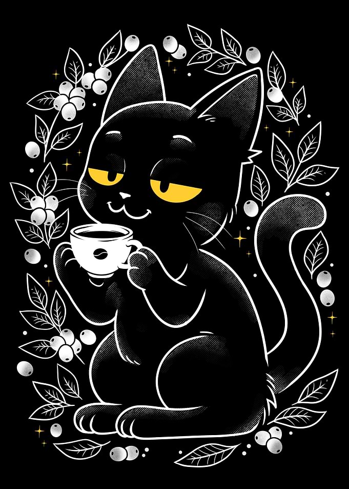 Cute Black Cat Drinking Coffee