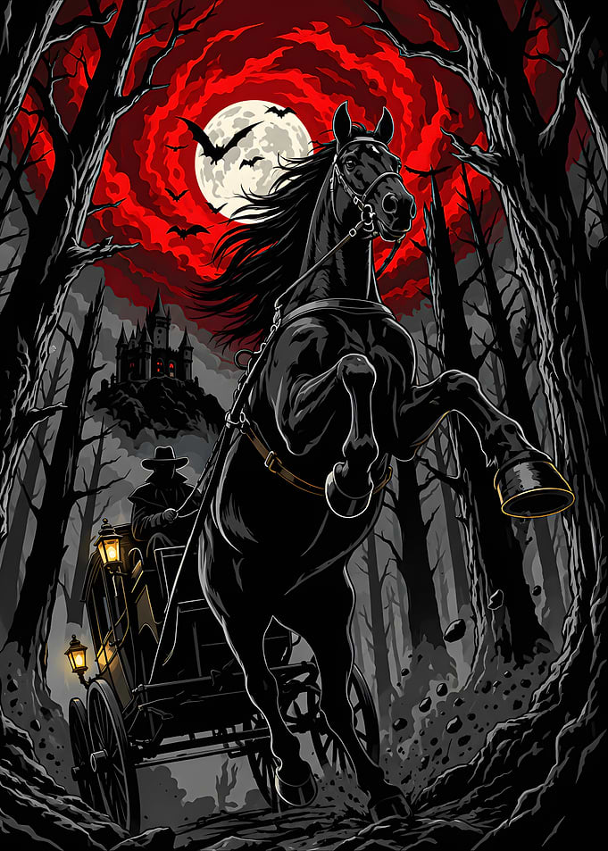 Gothic Carriage Ride Under Blood Moon