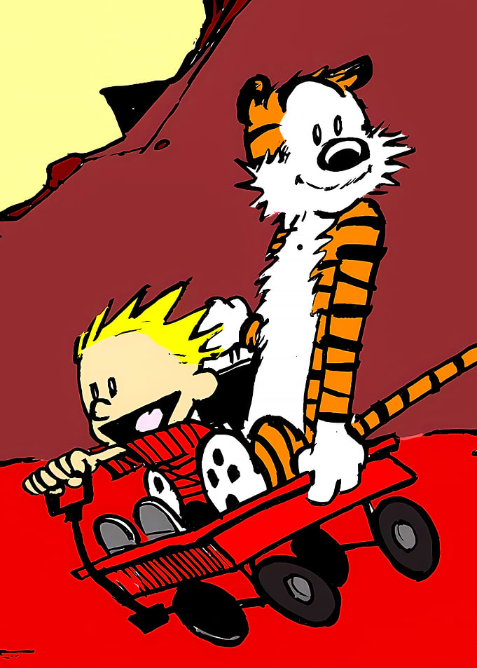 Calvin and Hobbes in Red Wagon