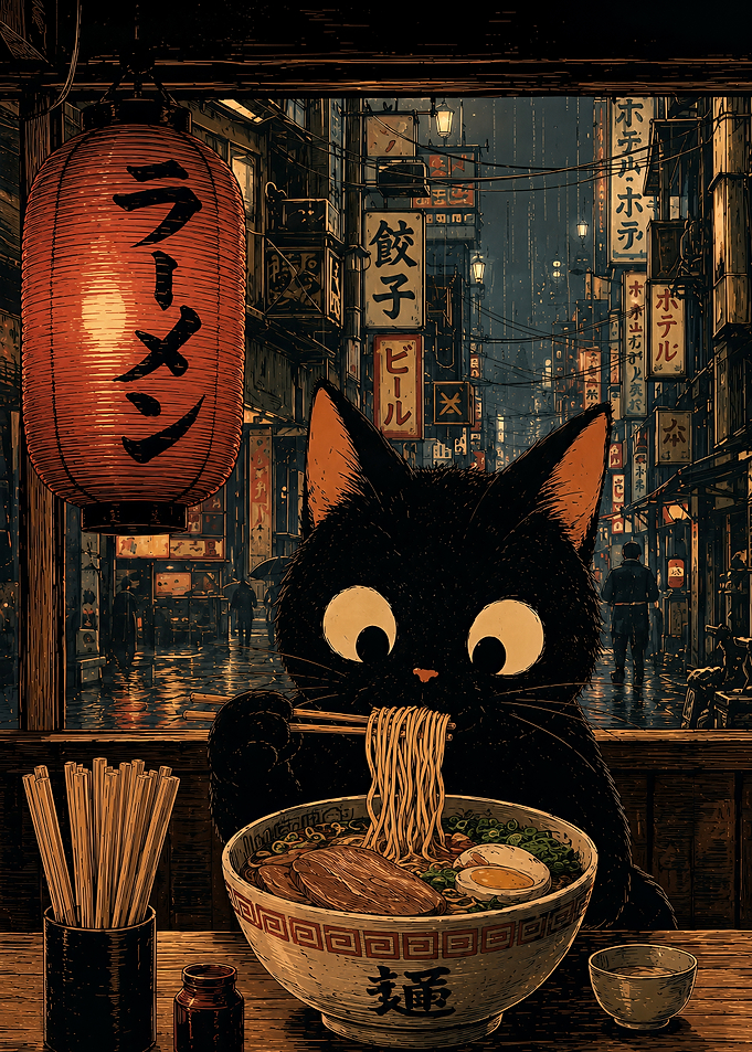 Black Cat Eating Ramen in Tokyo