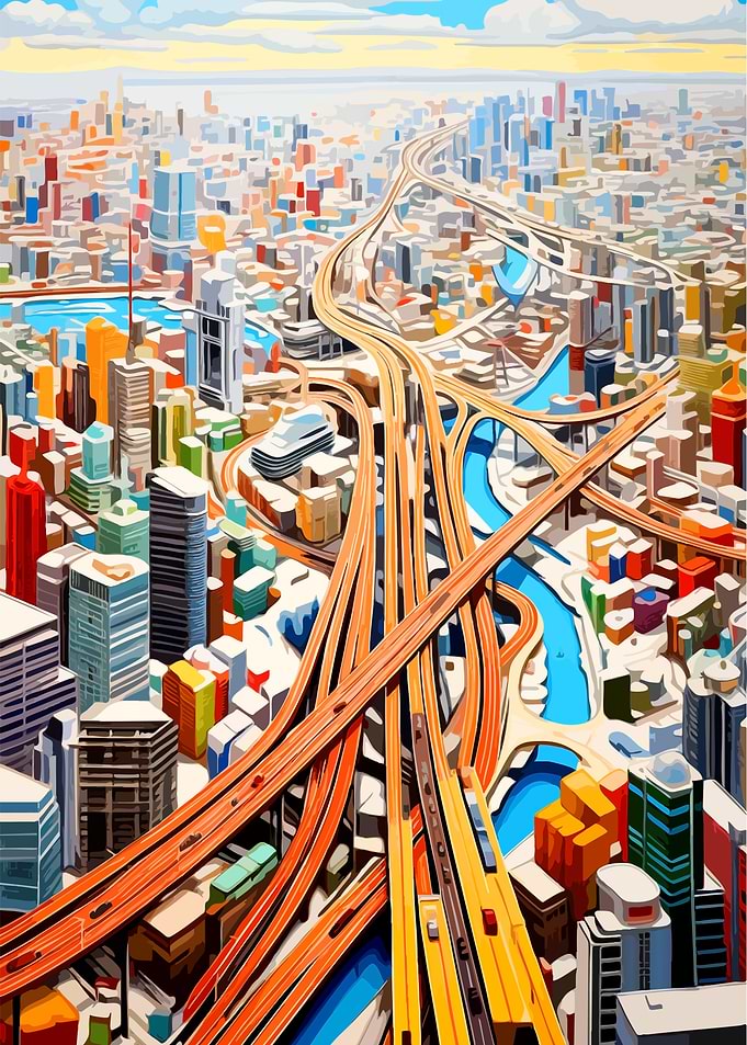 Vibrant Aerial Cityscape with Highway Interchange