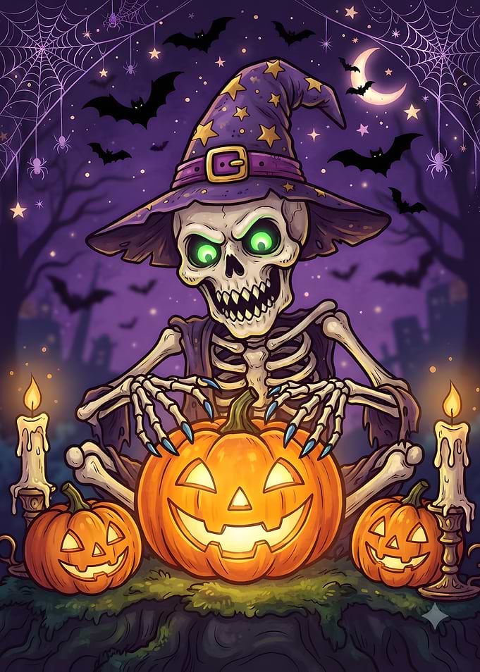 Spooky Skeleton Wizard with Jack-o'-lanterns