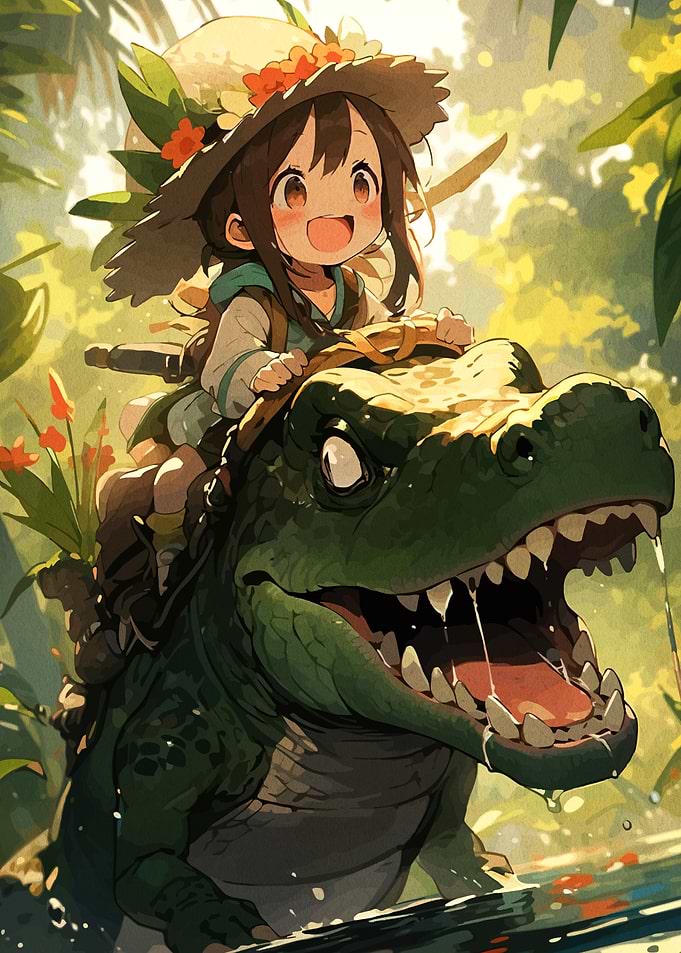 Anime Girl Riding a Giant Crocodile