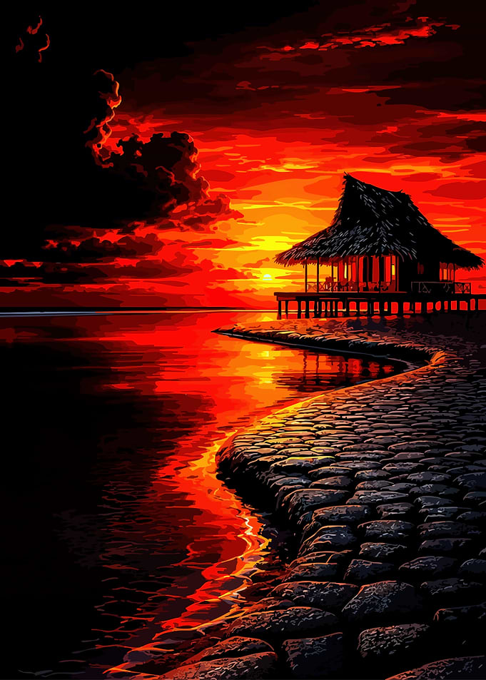 Tropical Hut at Fiery Sunset