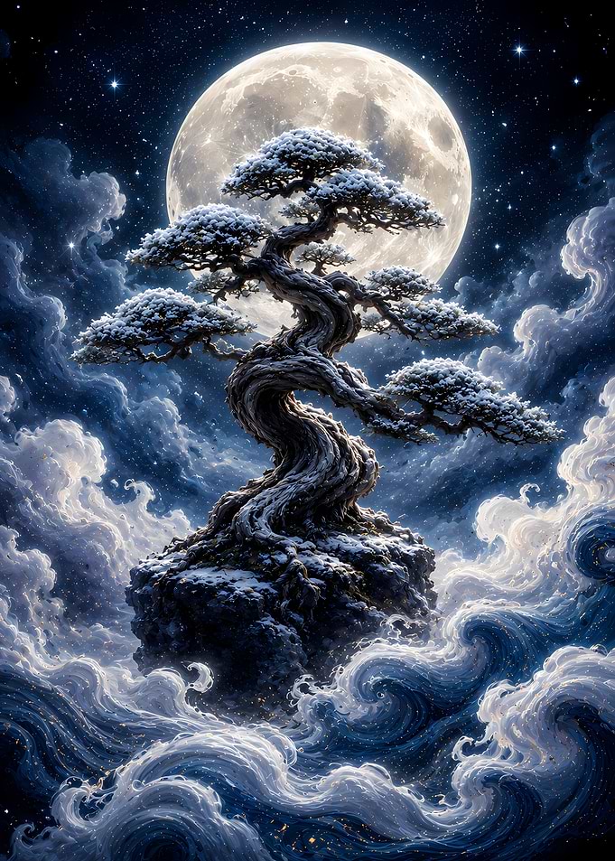 Floating Bonsai Tree Under Full Moon