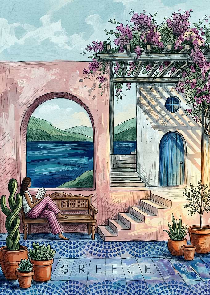 Peaceful Reading in a Greek Courtyard