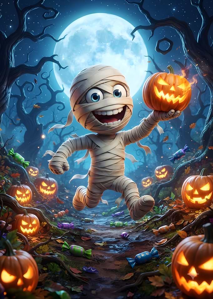 Cute Mummy Running with Halloween Pumpkin