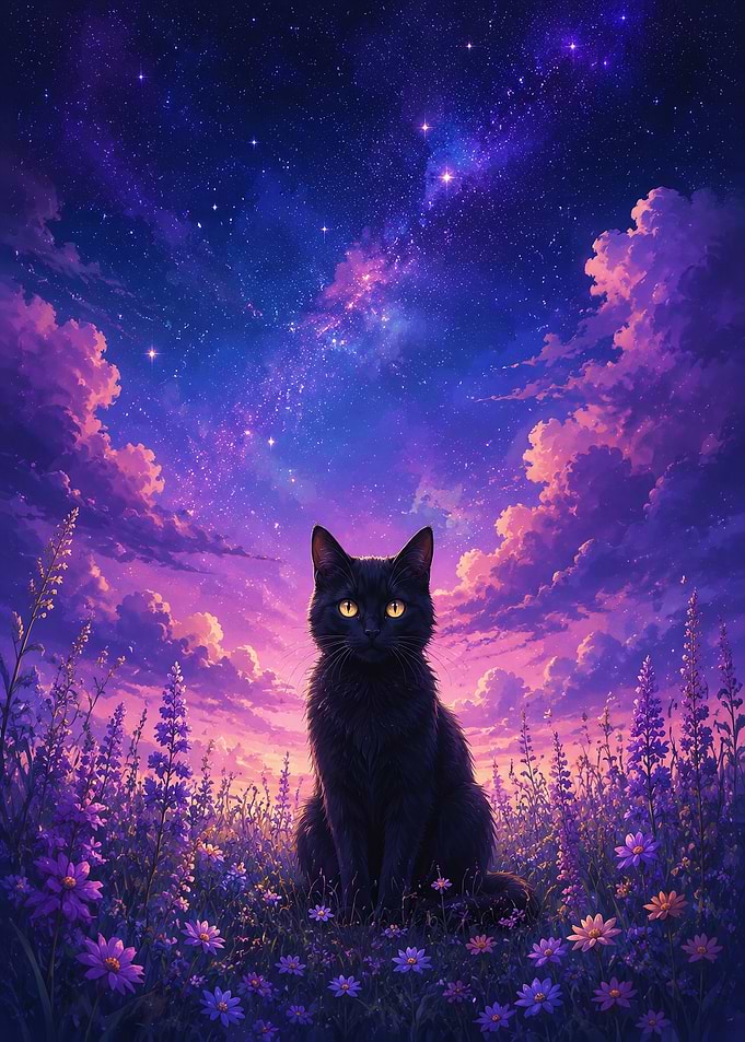 Black Cat in Cosmic Flower Field