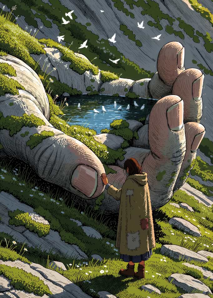 Giant Stone Hand Holding Water