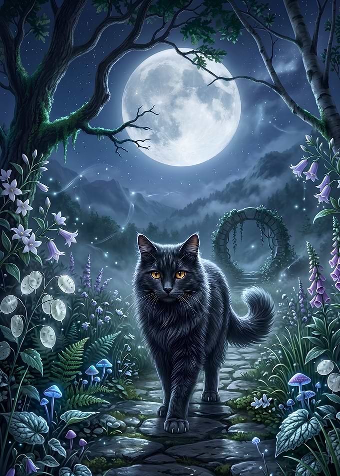Black Cat in Enchanted Moonlight Forest