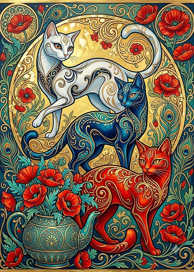 Art Nouveau Cats and Poppies
