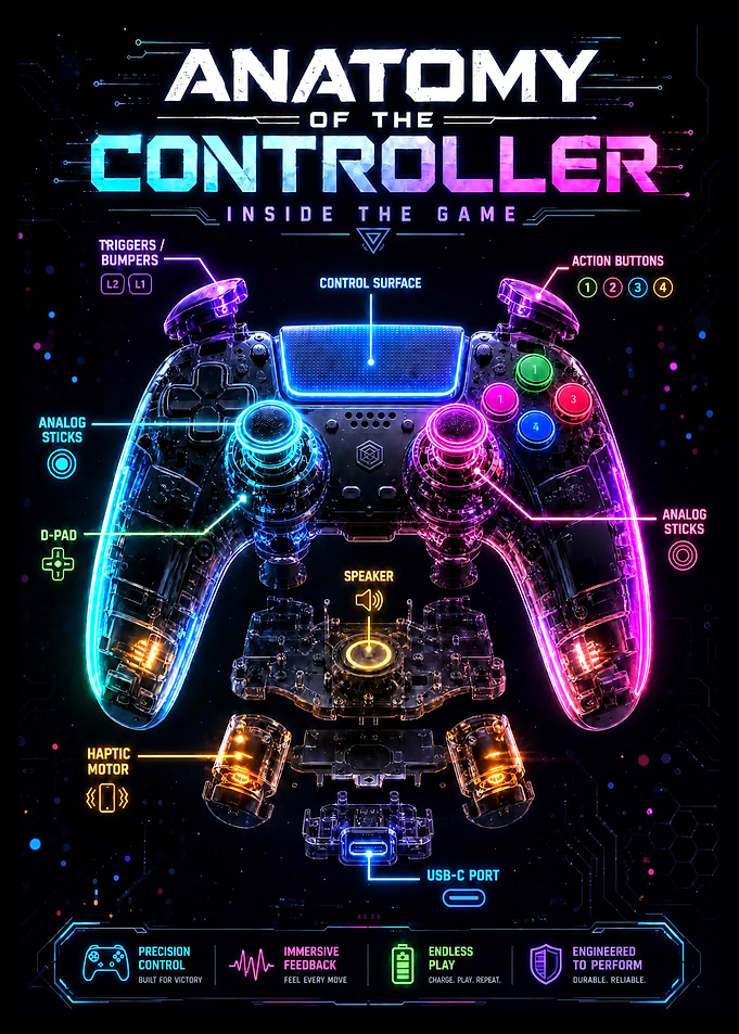 Anatomy of the Controller – Neon Gaming Controller Blueprint Poster