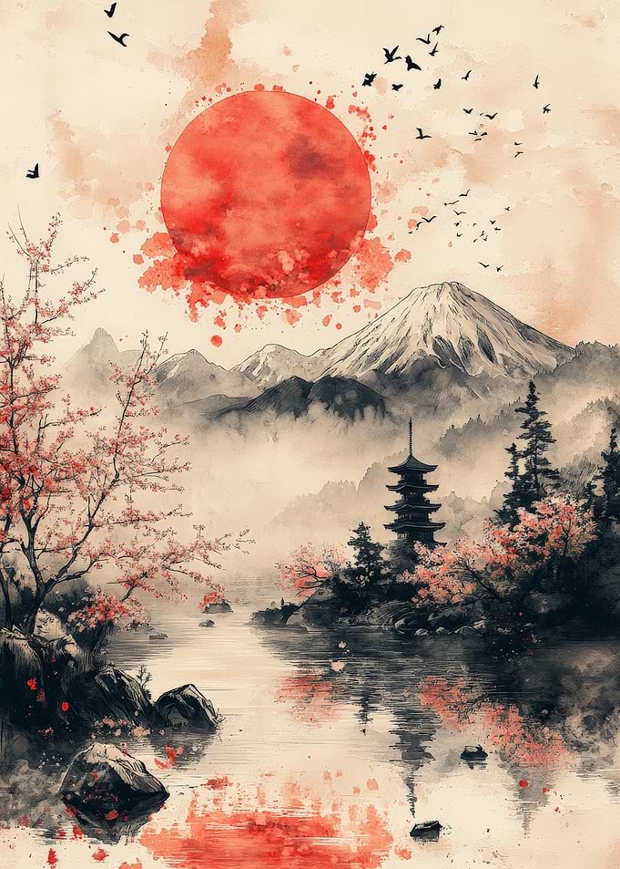 Watercolor Japanese Landscape with Pagoda