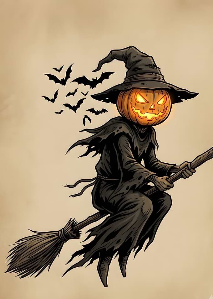 Pumpkin Head Witch Flying on Broomstick
