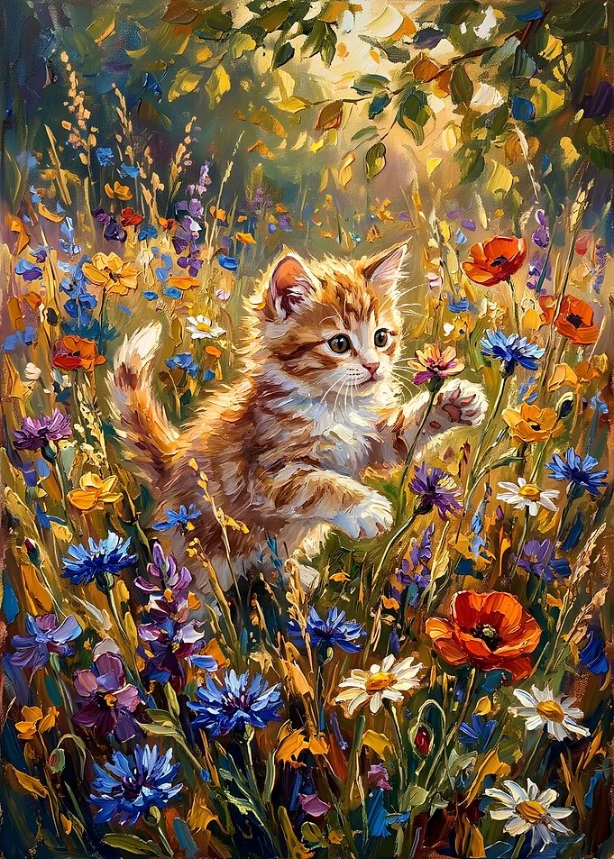 Ginger Kitten Playing in Wildflowers