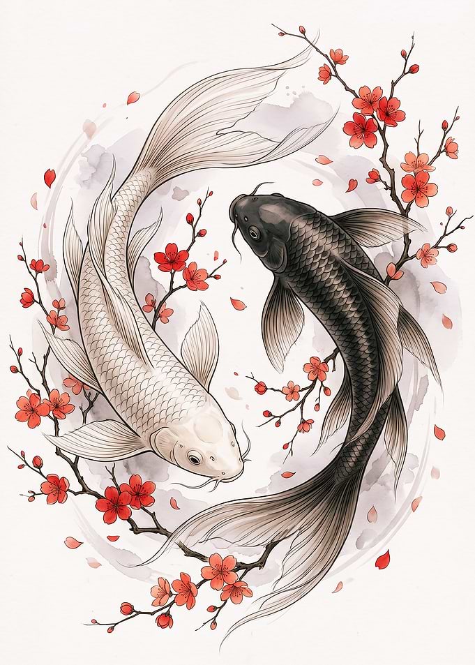 Yin Yang Koi Fish and Blossoms