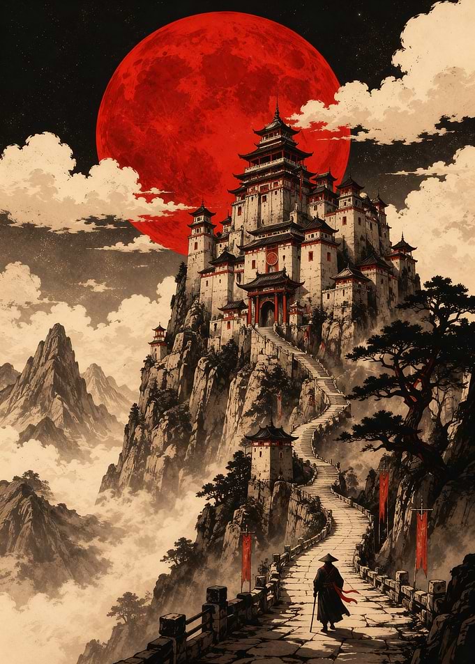 Lone Traveler Approaching Mountain Temple