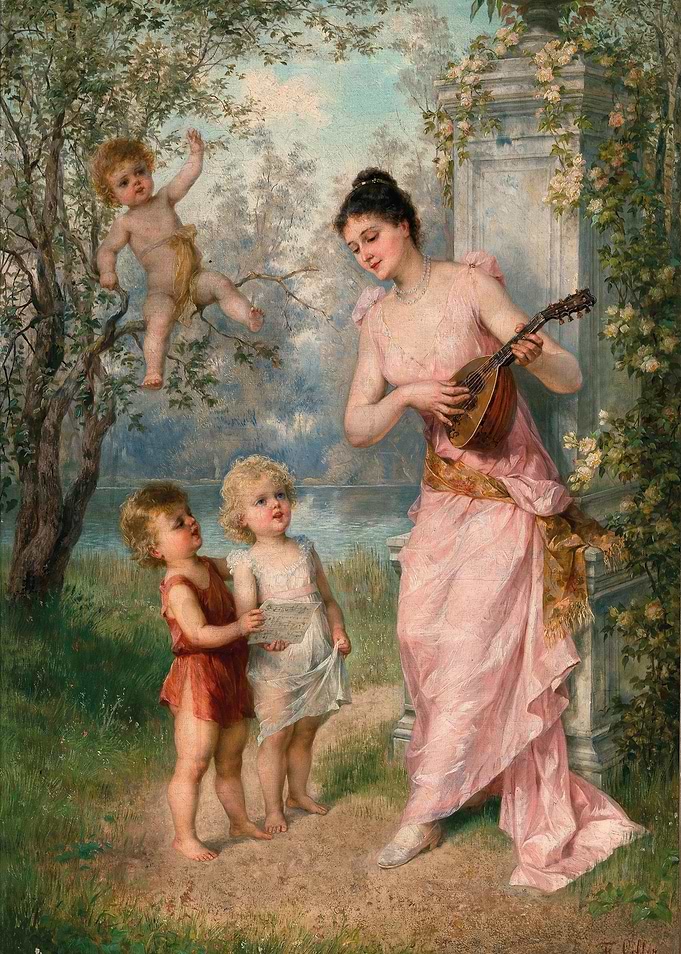 Woman Playing Mandolin for Children