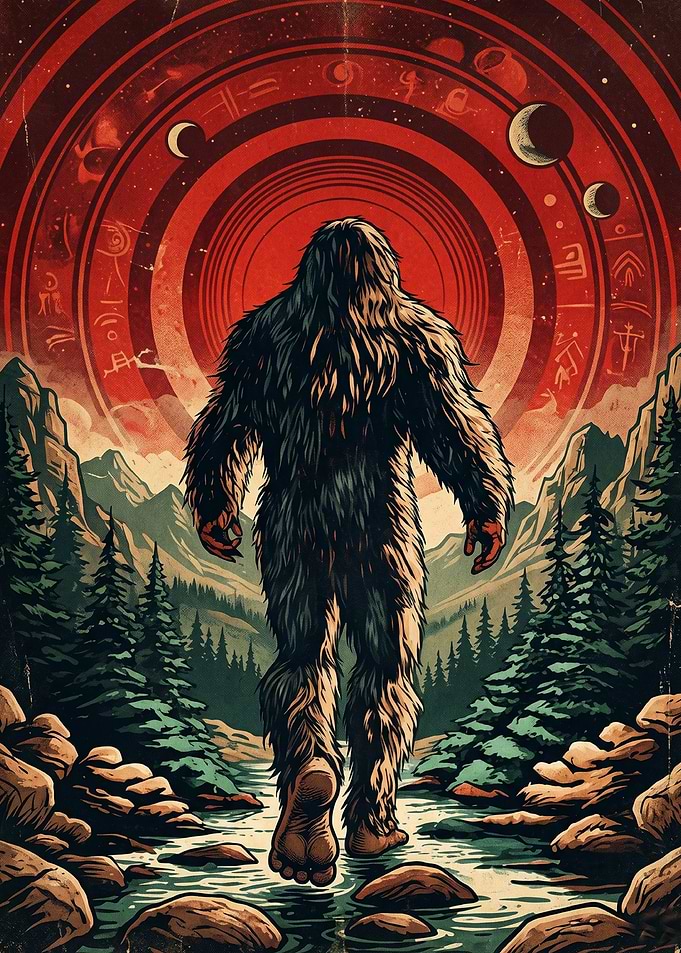 Bigfoot Walking Through Forest Under Cosmos