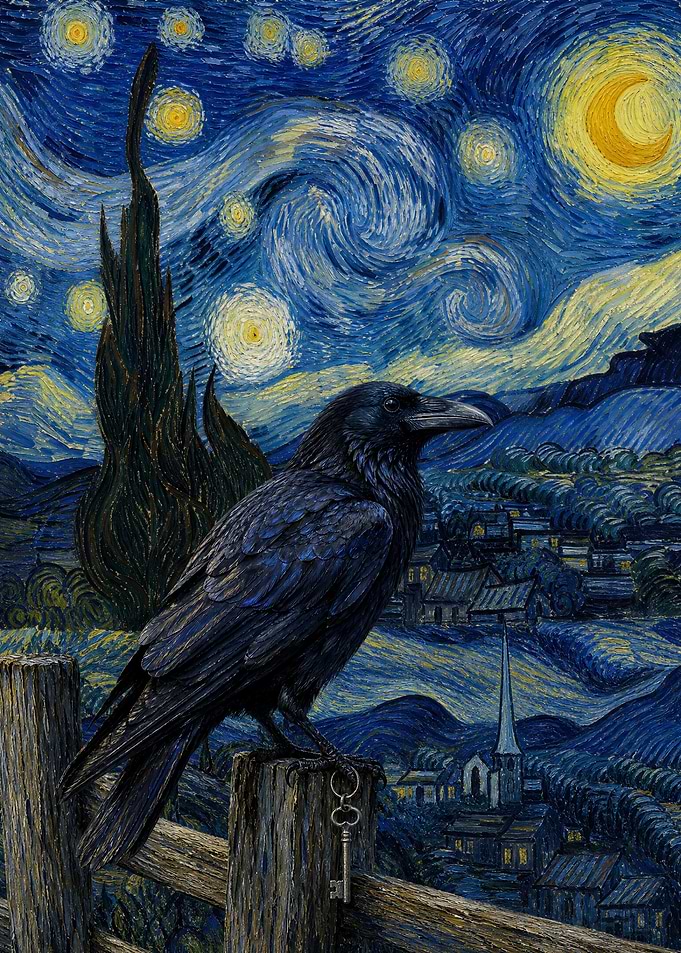 Raven Perched on Starry Night Fence