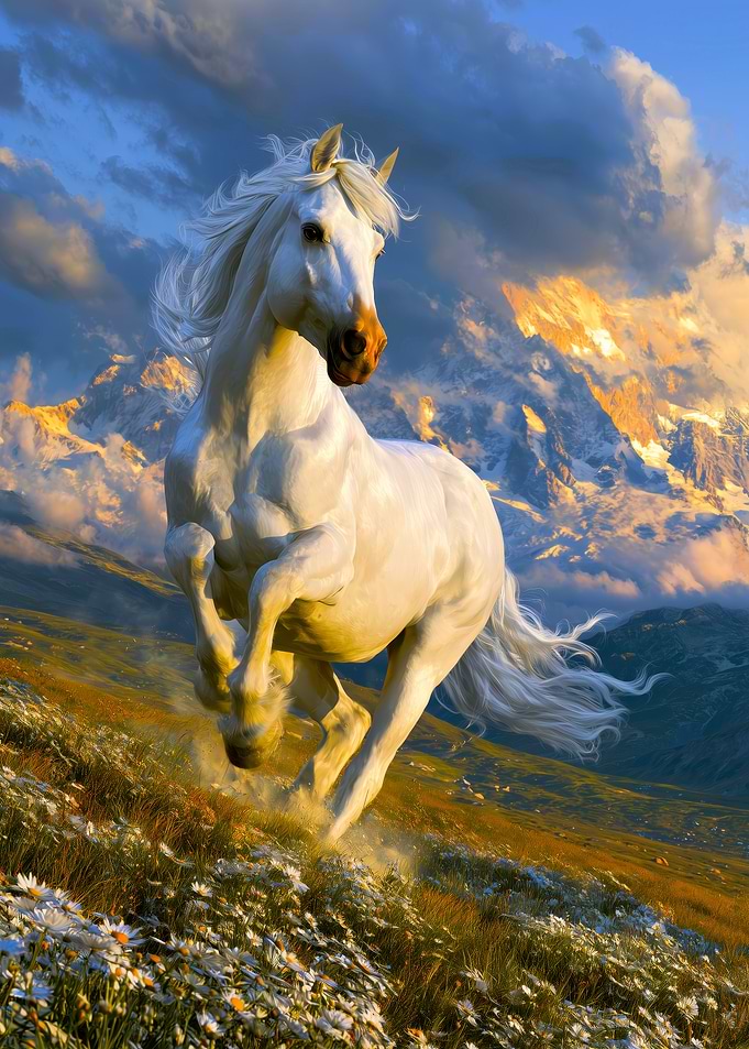 Majestic White Horse Running in Mountains
