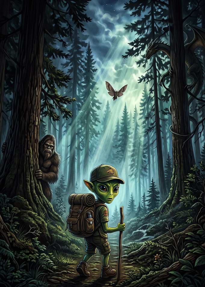 Alien Hiker in Enchanted Forest