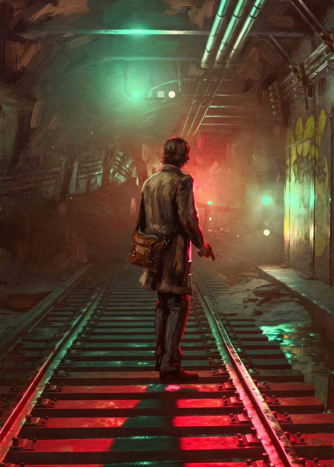 Alan wake 2 in a Dark Subway Tunnel