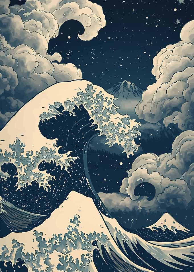 Great Wave Night Sky Illustration