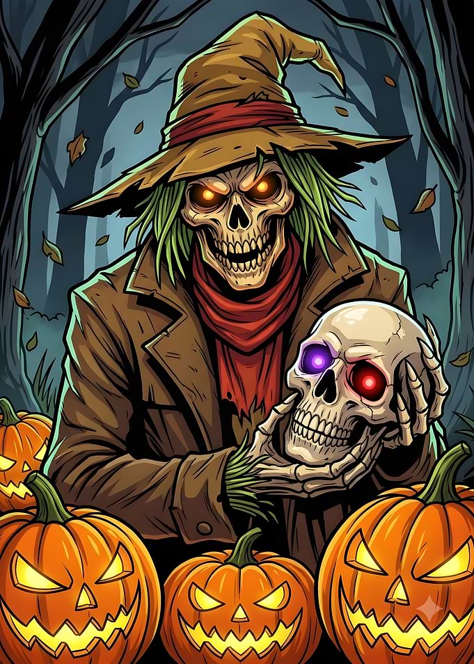 Spooky Scarecrow Holding Glowing Skull
