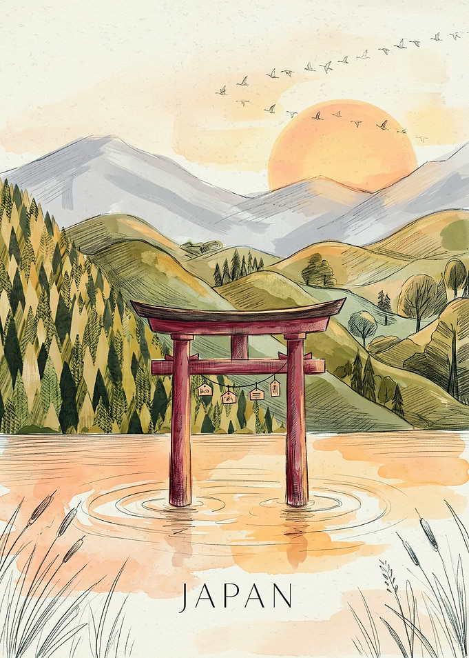 Watercolor Torii Gate Japan Landscape