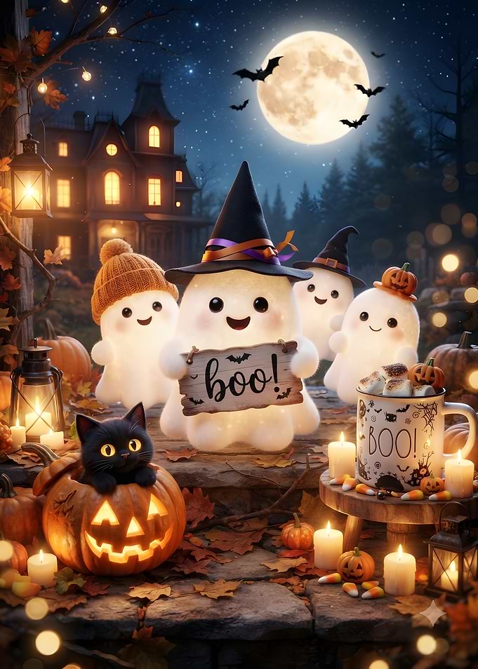 Cute Halloween Ghosts and Black Cat