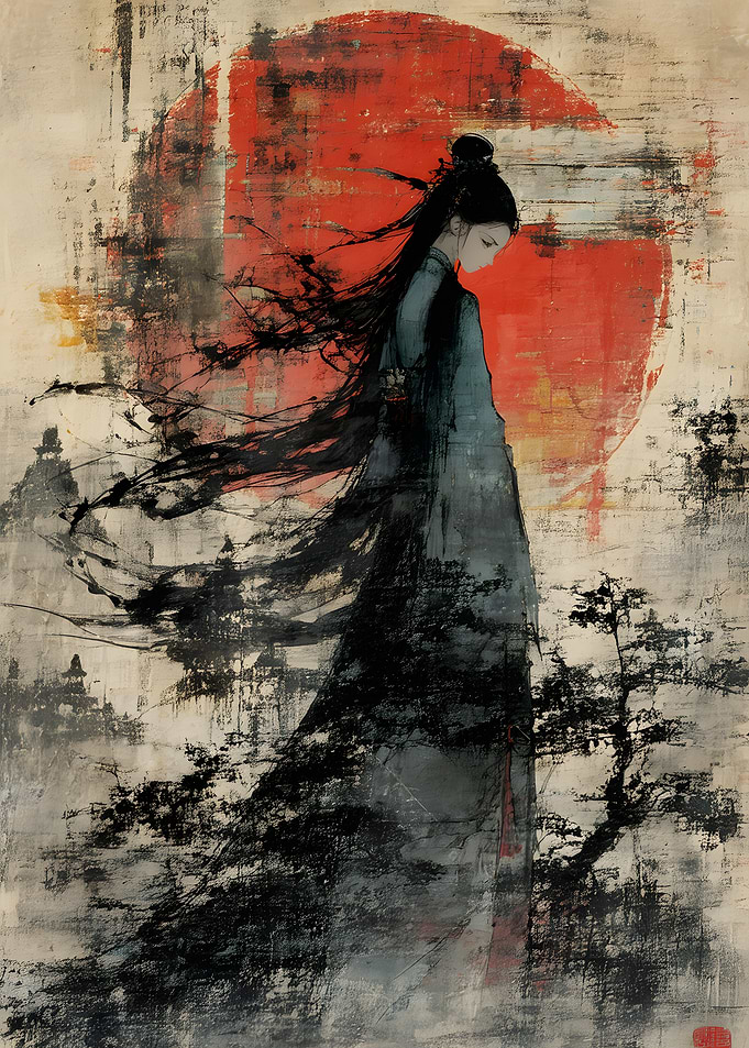 Ethereal Woman Before Red Sun