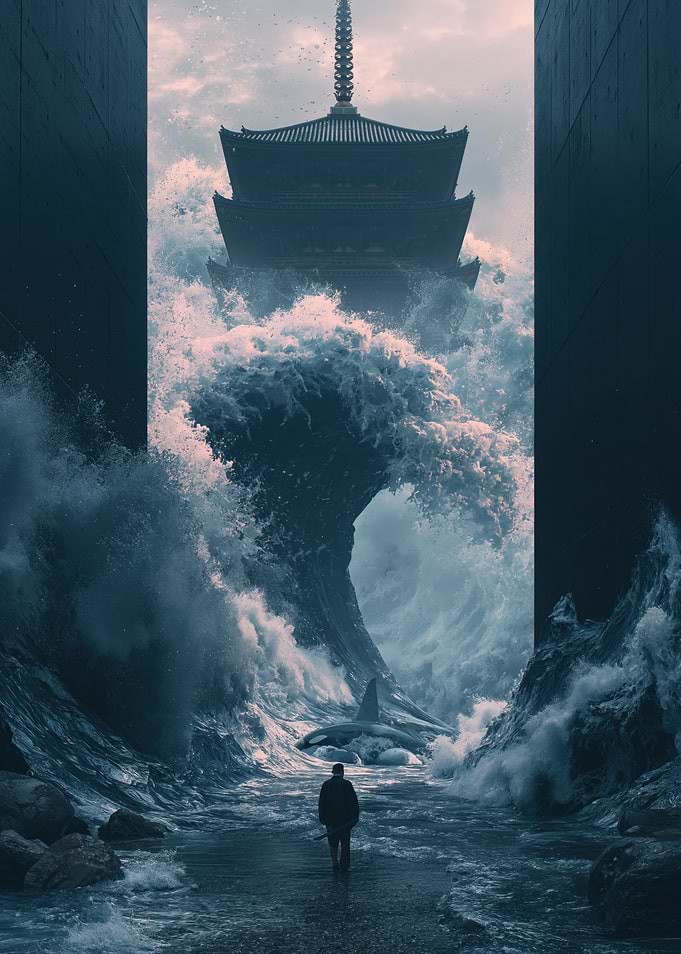 Samurai Facing a Tsunami and Pagoda