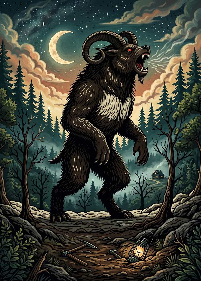 Roaring Goat-Headed Cryptid in Forest