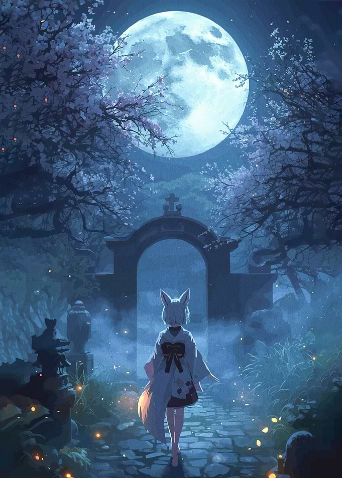 Fox Girl Under Full Moon