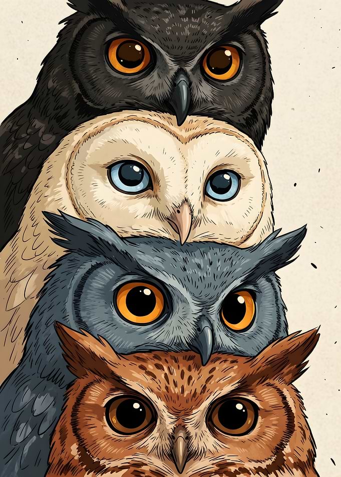 Stack of Four Colorful Owls