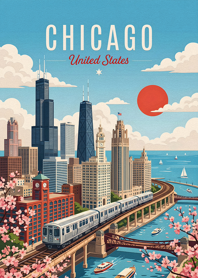 Vintage Style Chicago Travel Poster