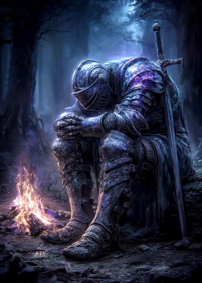 Weary Knight Resting by Campfire