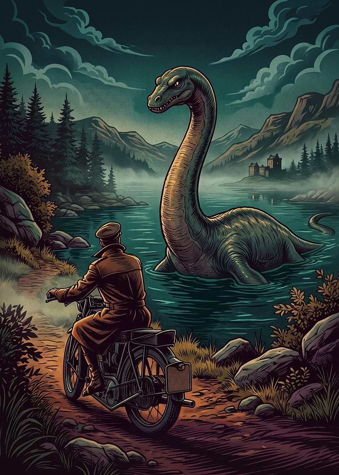 Motorcyclist Encountering the Loch Ness Monster