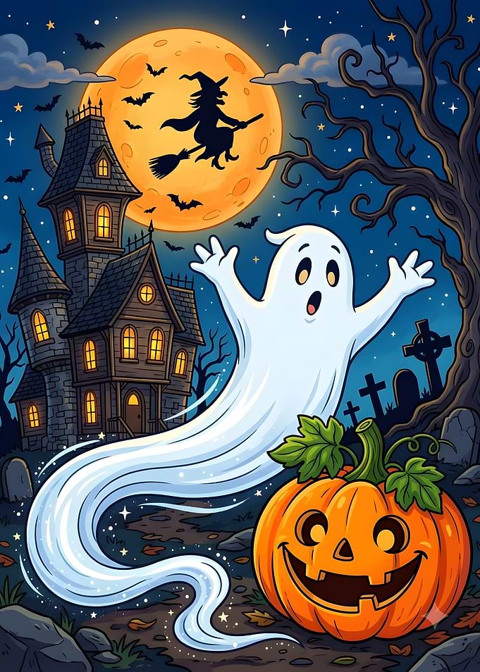 Cute Halloween Ghost and Pumpkin Scene