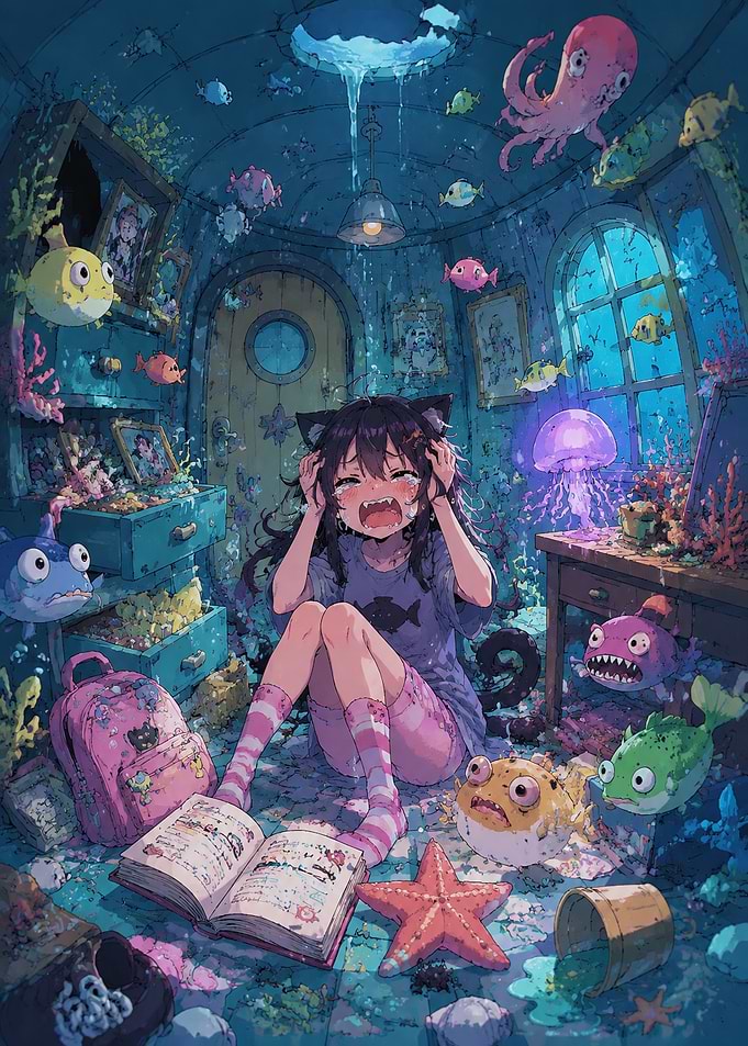Crying Anime Girl Underwater Room